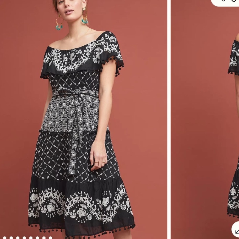 ANTHROPOLOGIE Marisol off The Shoulder Dress Midi Embroidered Size 6